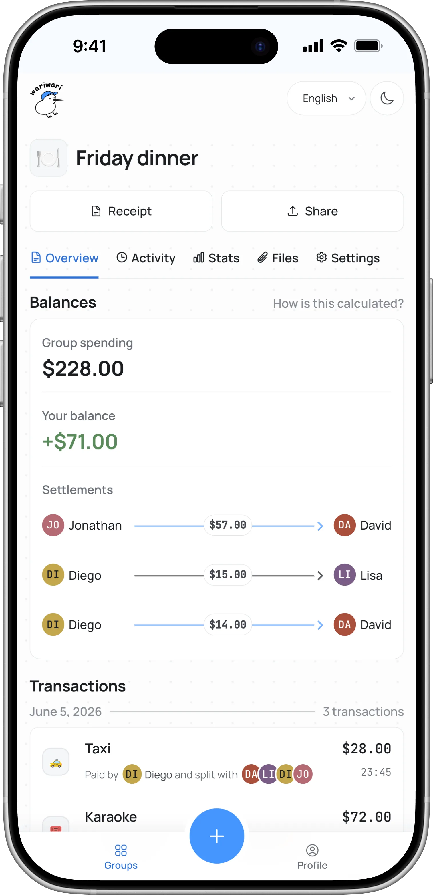 Vista previa de la app wariwari para dividir gastos