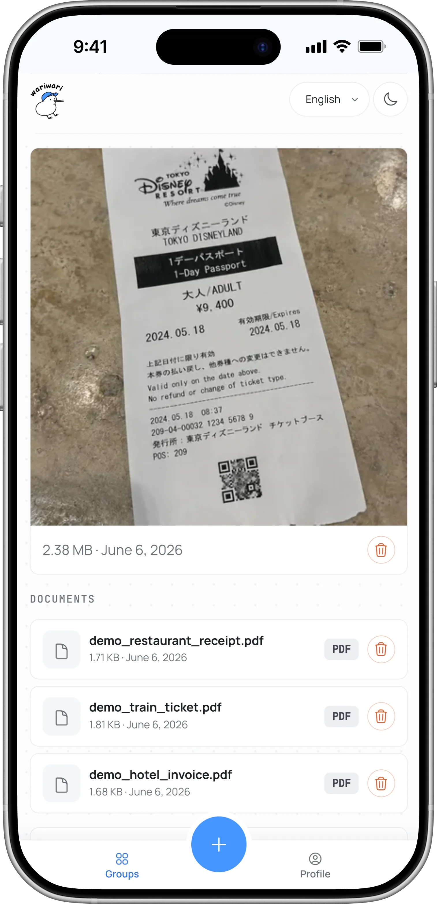 wariwari files view showing attached receipt images and document uploads in a group