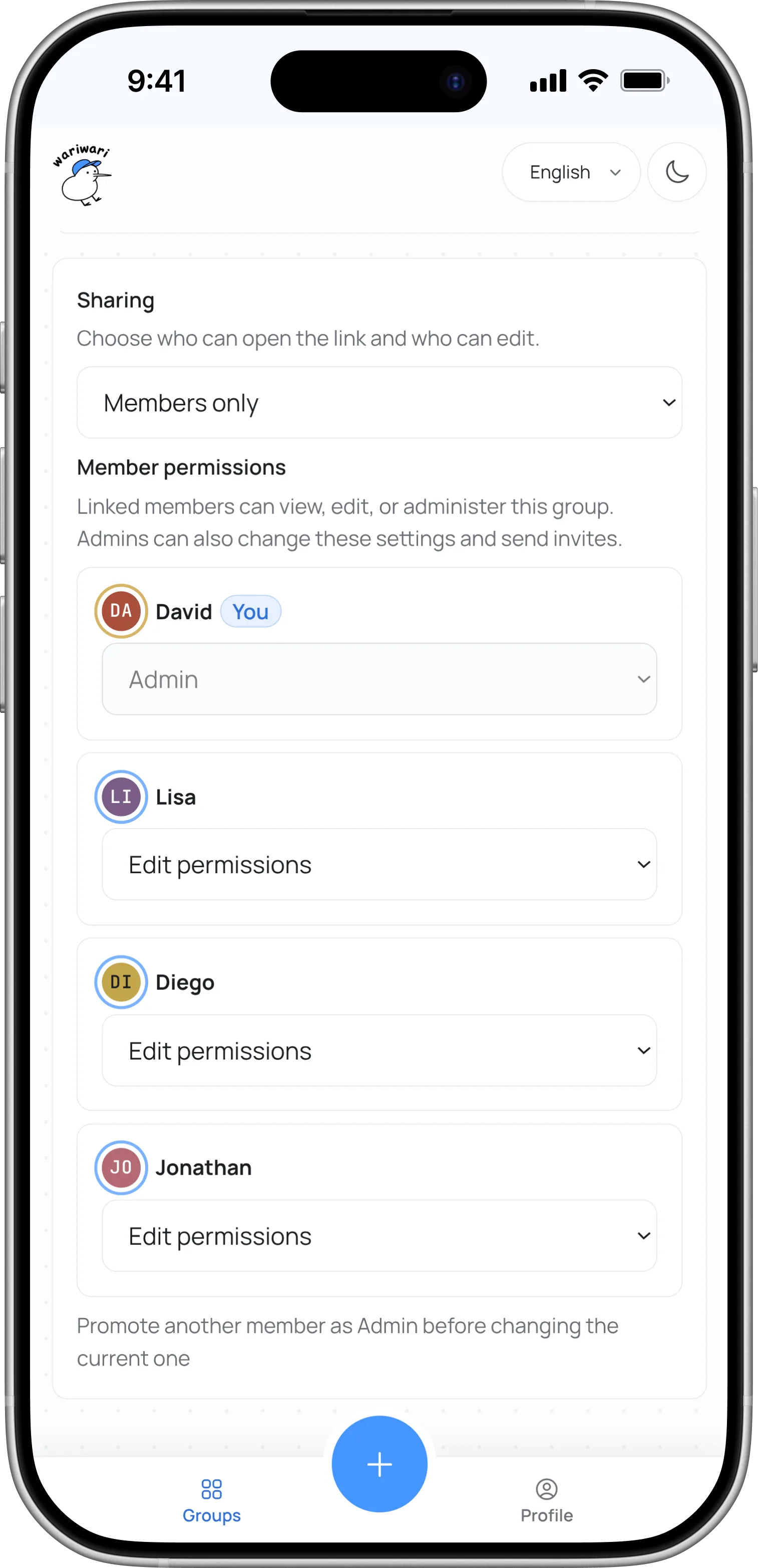 wariwari member permissions screen showing who can read and edit the group