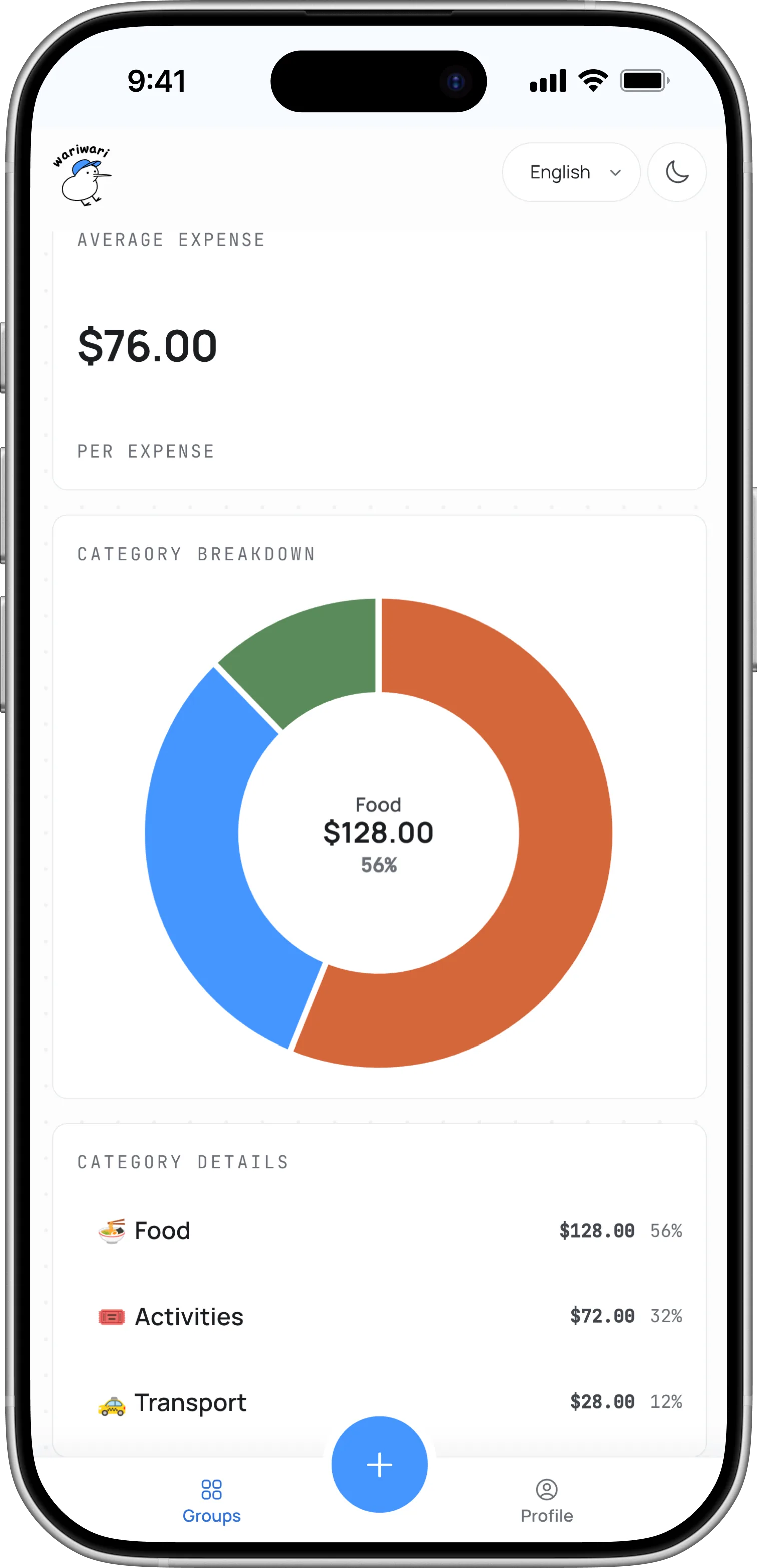 wariwari group screen showing total spending, transactions, and tabs for activity, stats, and settings
